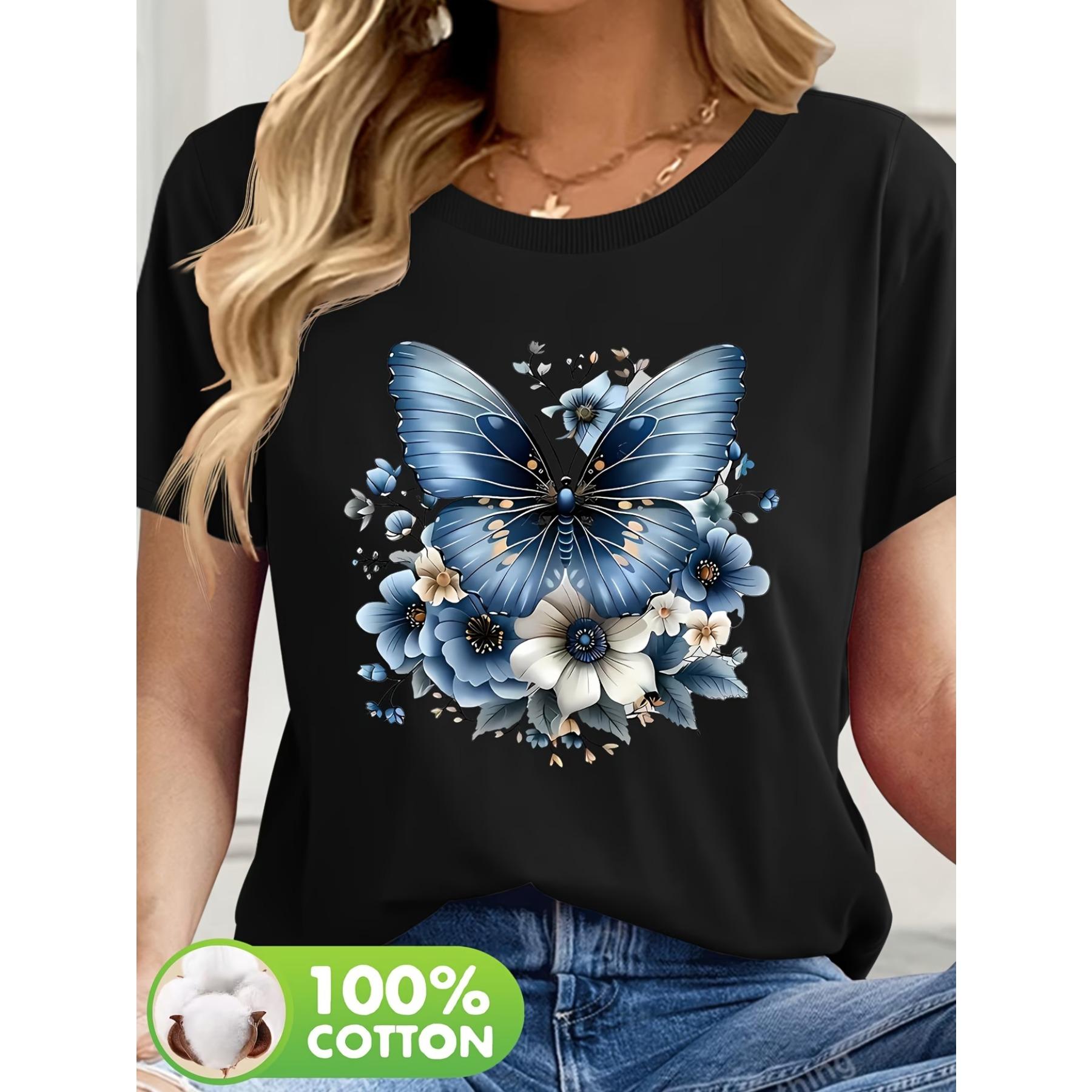 

Women s Floral & Butterfly Graphic Print T-Shirt - Light Yellow Casual Short Sleeve Round Neck Summer Top, Machine Washable S чёрный