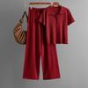 Olo Collar Ice Silk Knitted Fashion Suit Women's Summer New Temperament Button-shirt + Casual Pants Two-piece Set
