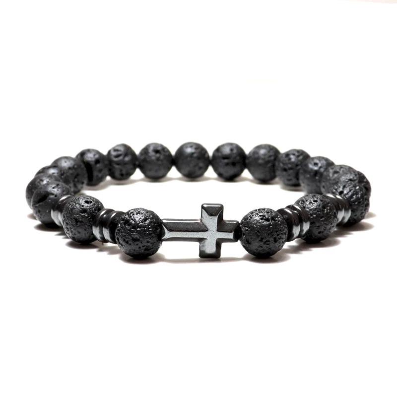 100% Natural Volcanic Lava Bracelet Black Zirconia Braclet New Simple Fashion Cross Braslet Hematite Gift for Boyfriend
