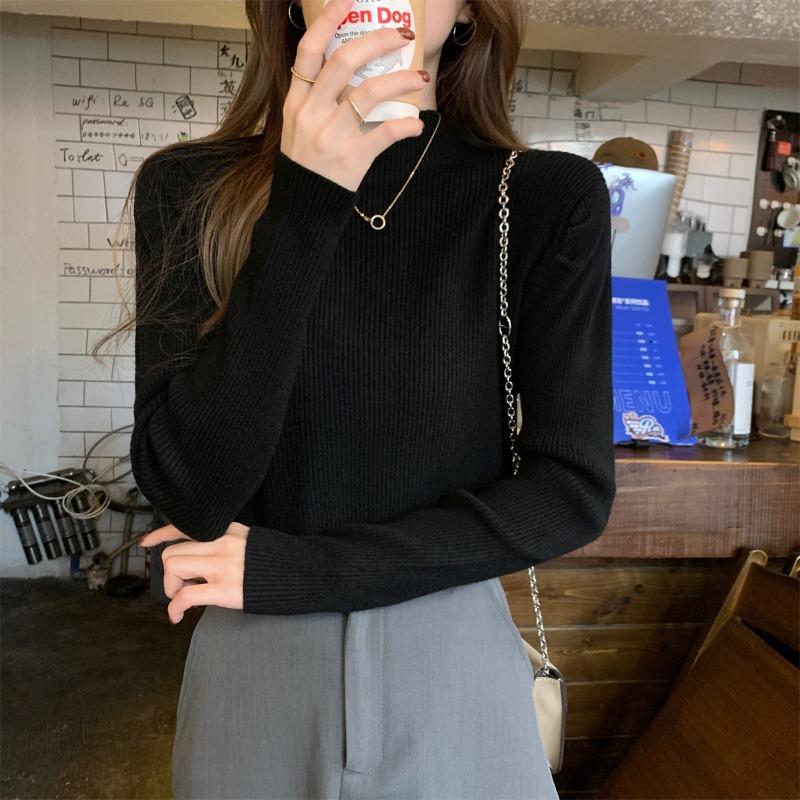 Semi-turtleneck bubble long-sleeved primer sweater for women's autumn and winter slim-fitting and thin knitted sweater short top for women