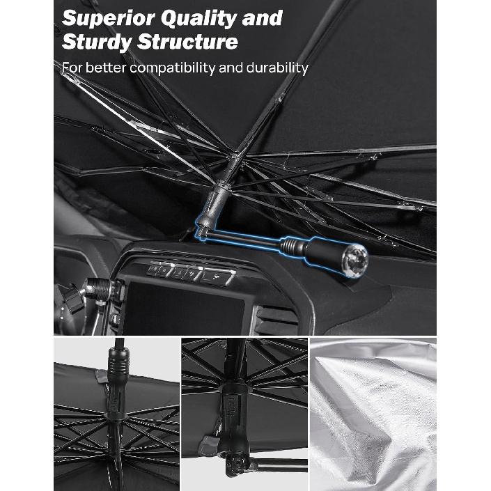 JOYTUTUS Windshield Sun Shade Umbrella, Fit for Ford 2015-2025 F150 F250 F350, Front Window Sun Shade with 360° Rotation Bendable Shaft, Titanium