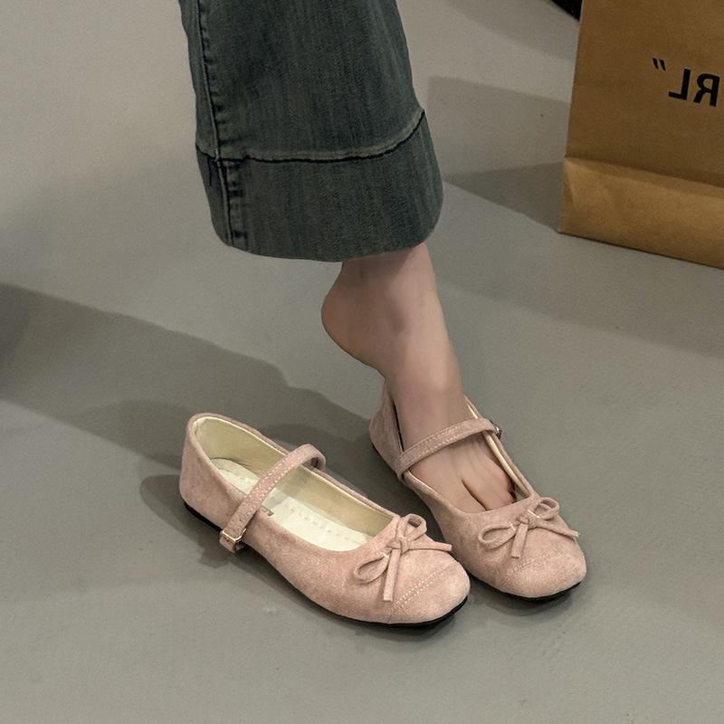 Soft-soled bow French small square head light mouth single shoes women's 2025 spring new one-word belt four-season commuting flats