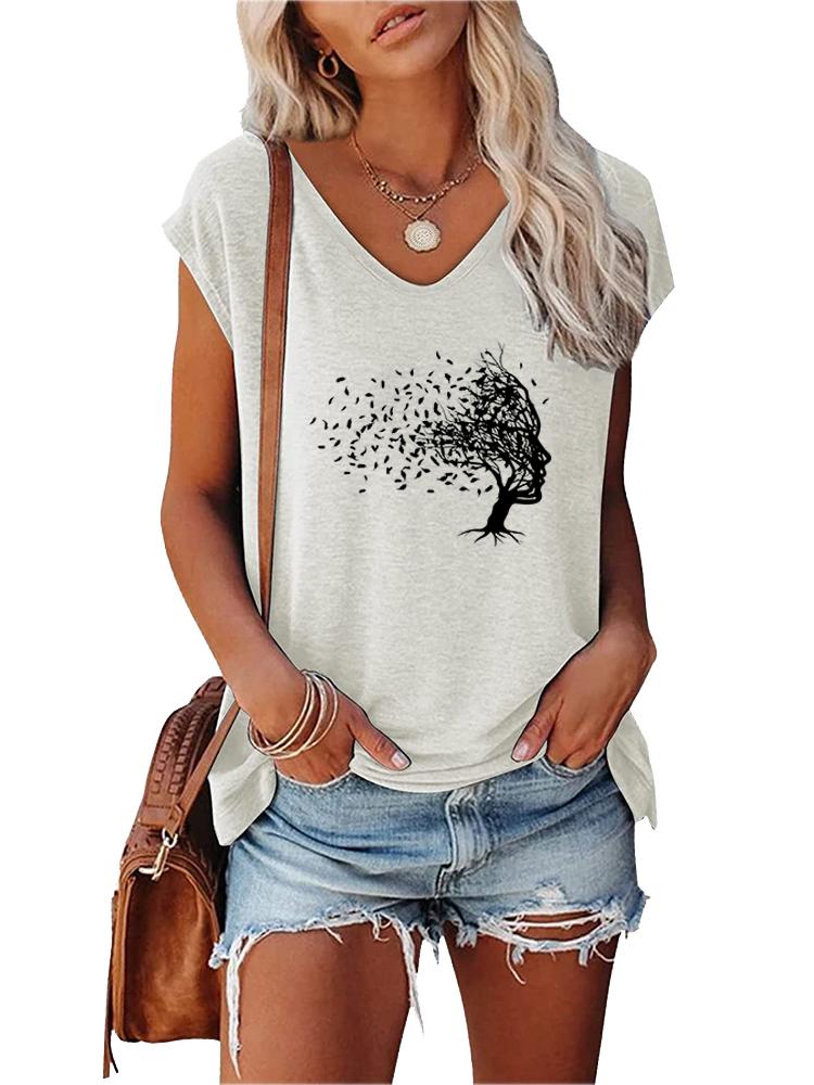 Women Fashion T-shirt Summer V Collar Print Short Sleeve Top Ladies Casual Tee Shirt
