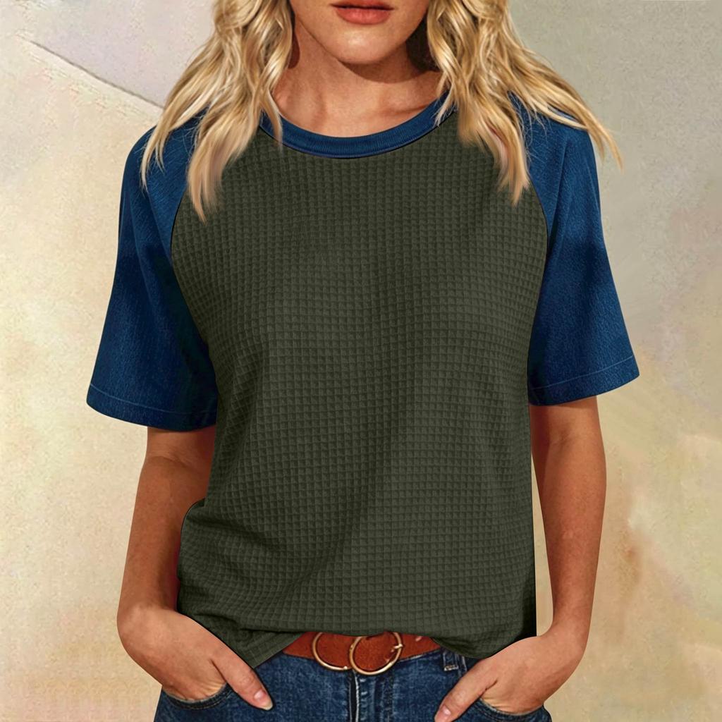 Women’s Casual Vintage Lightweight Plus Size Waffle Knit Raglan Crewneck Top Loose Fit Short Sleeve Pullover Shirt
