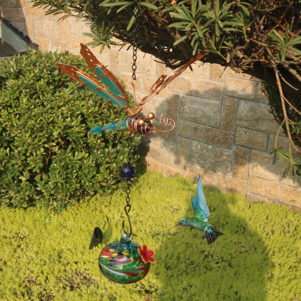 Outdoor Garden Hanging Dragon Fly Shape Single Painted Glass Ball Bird Feeder