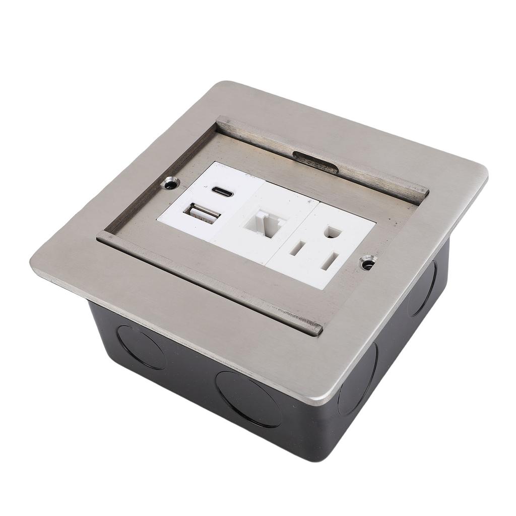 Recessed Floor Socket 3 Prong USB A USB C LAN Port Silver Sliding Door Embedded Power Outlet for Floors Countertops