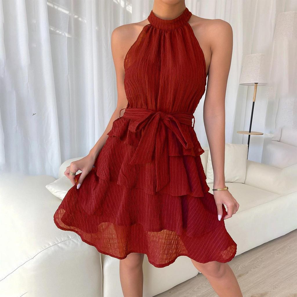 Ladies Casual Fashion Sexy Solid Color Belted Comfortable And Cool Round Neck Dress