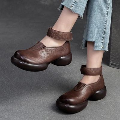 Genuine Leather Round Toe Thick Sole Pumps Casual Comfortable Hook & Loop Women's Shoes