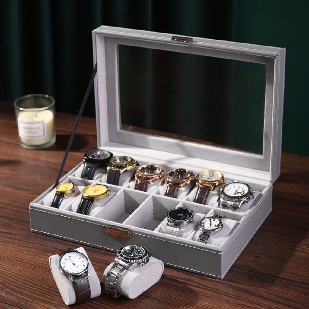 1pc PU Leather Watch Box with Lock, Large Capacity Watch Storage Box, Watch Display Box, with Transparent Cover, Velvet Lining