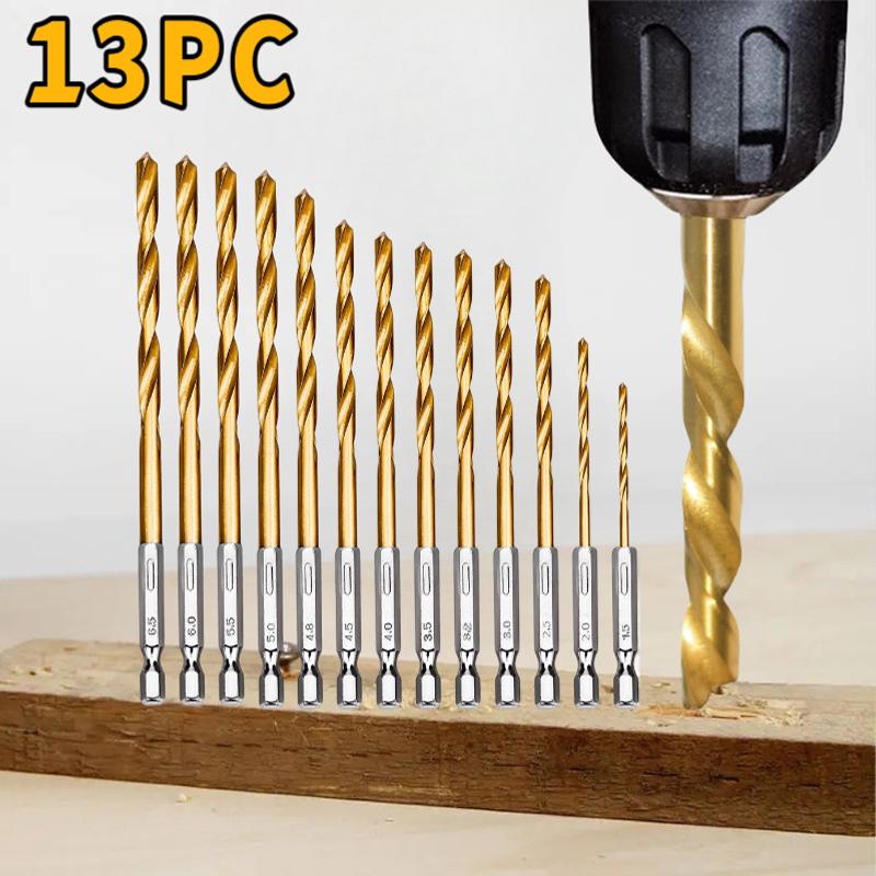 13 Pcs Titanium Coated HSS Drill Bit Set Professional Hex Shank Drill Bit Kit Impact Drill Bit Set for Wood Steel Metal Plastic