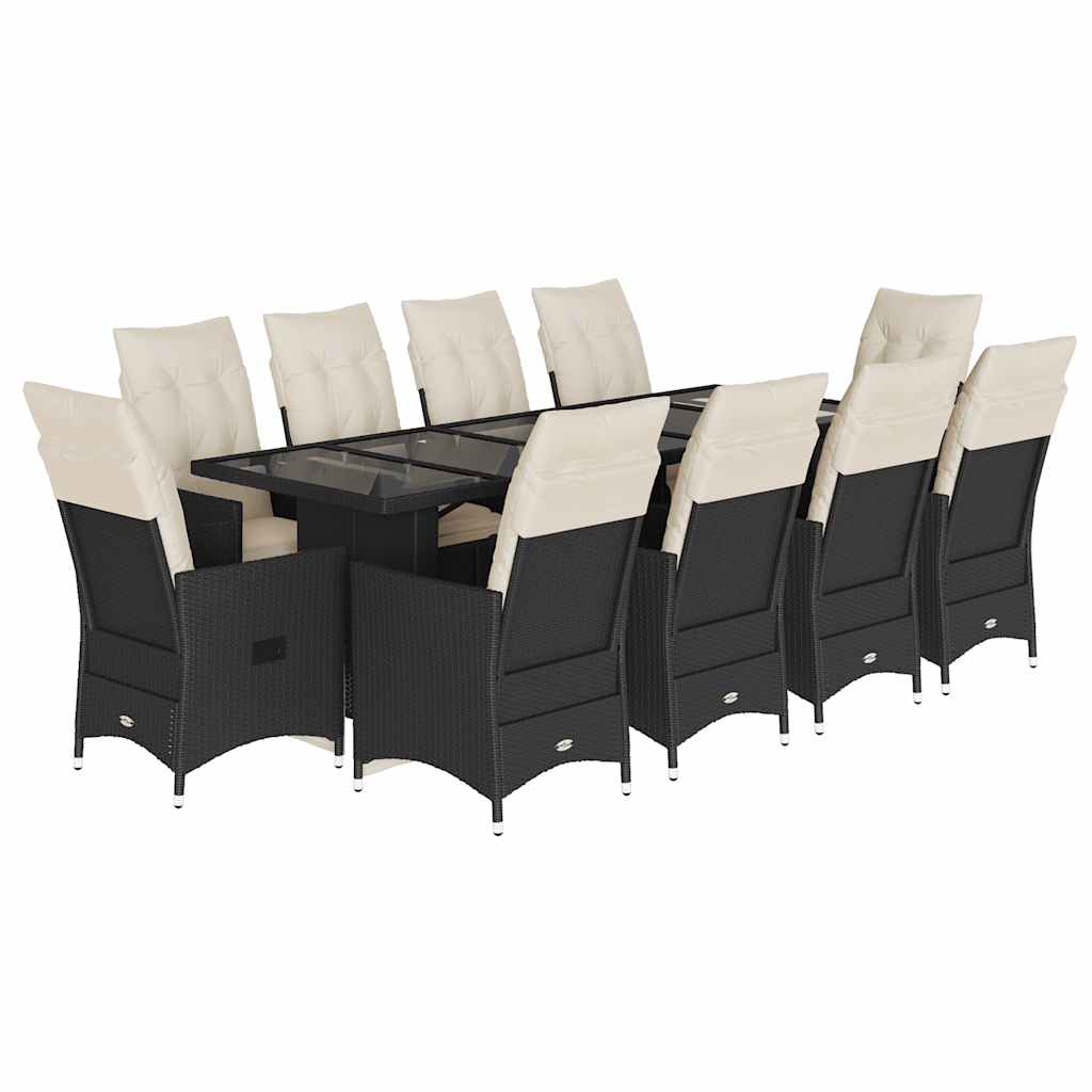 11 piece Garden Bistro Set with Cushions Black Poly Rattan