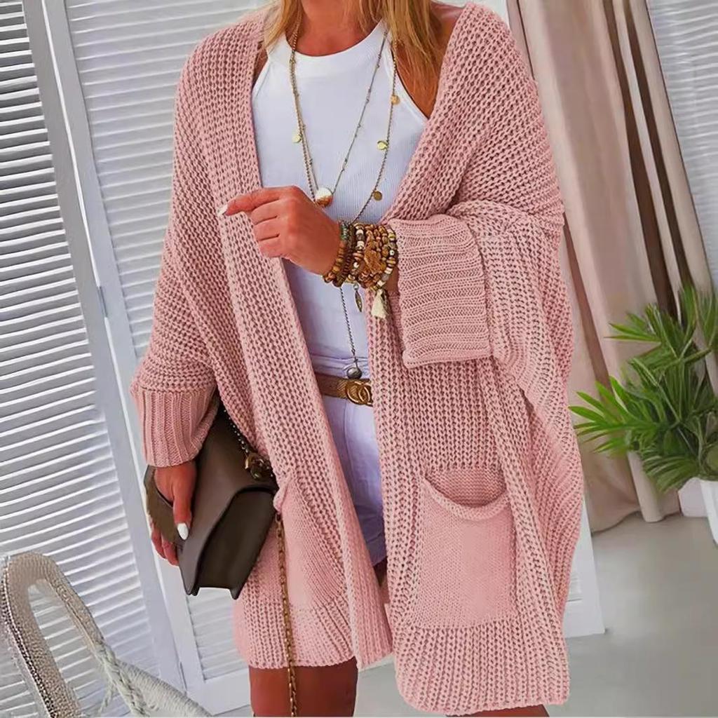 Women's Knit Pocket Cardigan Sweater - Solid Color, Loose Fit, Autumn/Winter Fashion