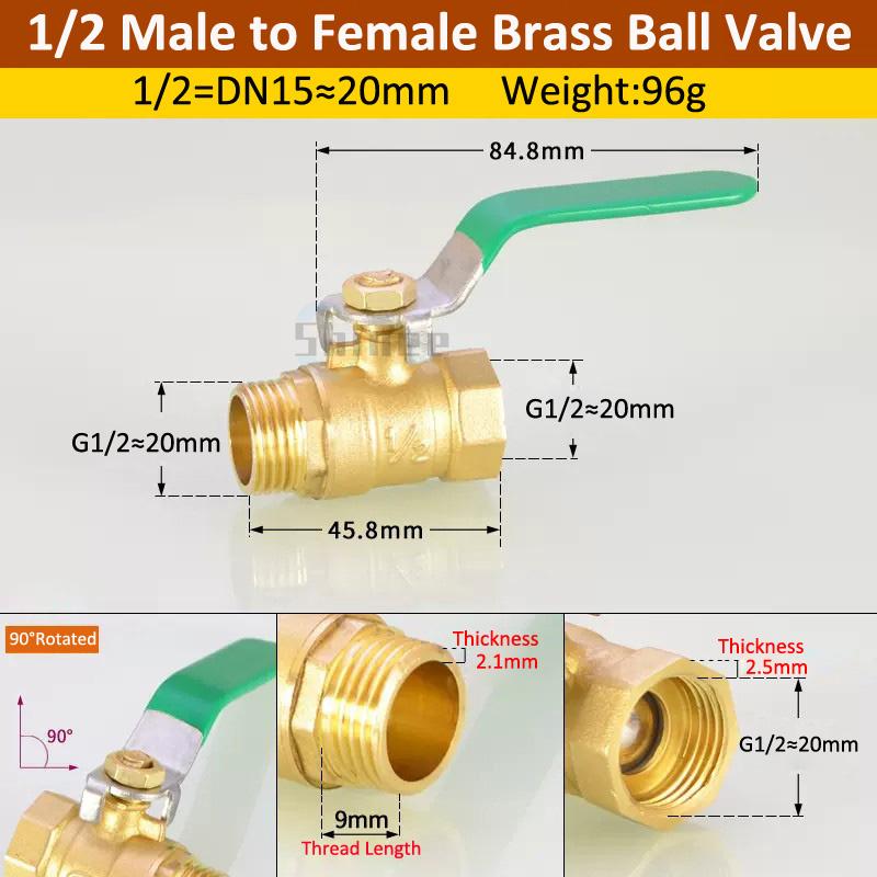 Brass Ball Valve 3/8'' 1/4'' 1/2" Male To Female Thread Connector Joint Copper Pipe Fitting Coupler Adapter 8/10/12mm Hose Barb