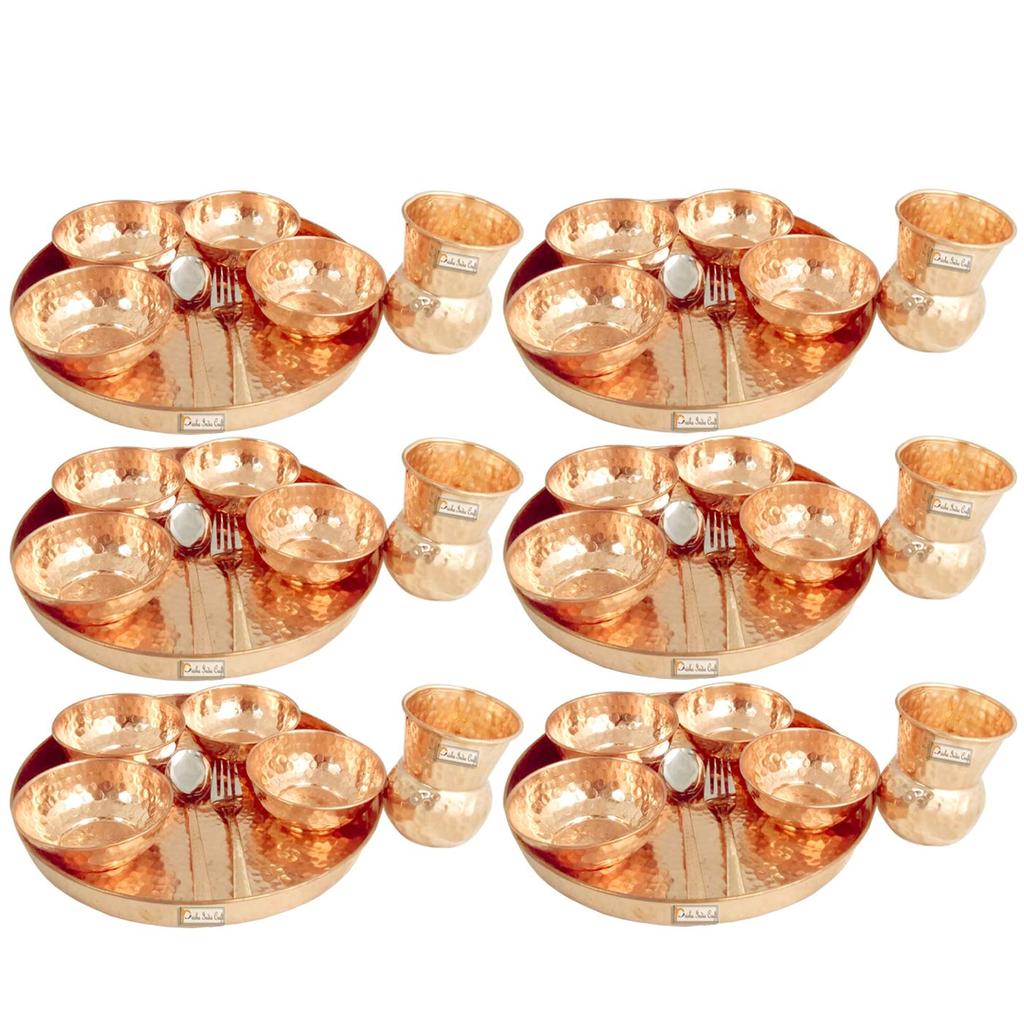 Prisha India Craft Traditional Dinner Set of 6 Dinnerware 100% Pure Copperware Thali Set Diameter 12"