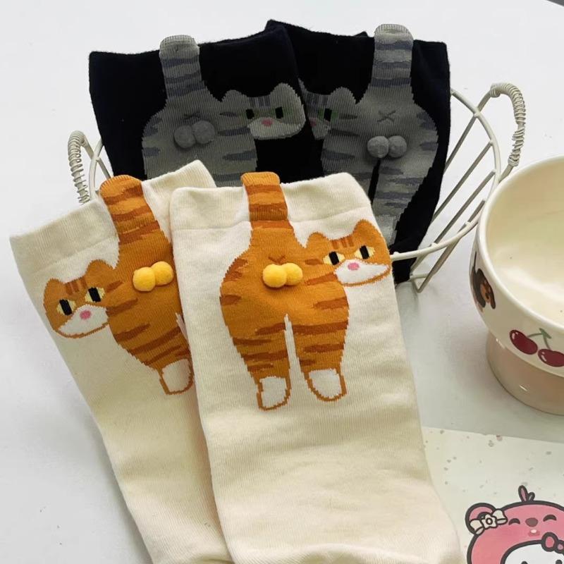 4pcs Funny Abstract 3D Cat Butt Mid-Tube Socks Cartoon Quirky Cotton Casual Socks Cat Egg Floor Sock for Cute Girls Couple Gifts