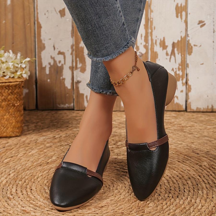 Spring/Fall Versatile Soft Leather Women's Shoes French Vintage Low-Heel Chunky-Heel Loafers Soft Sole Pointed Toe Low-Cut