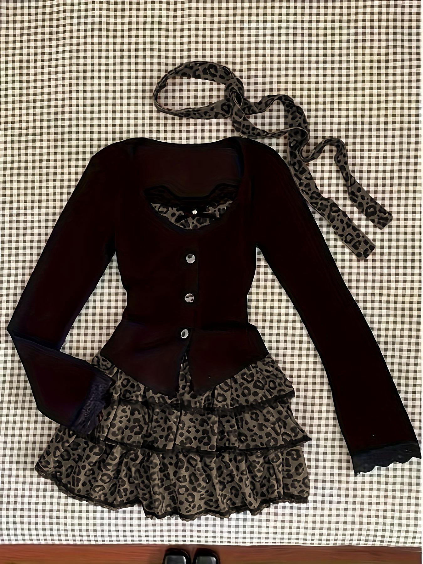 Европейский размер Леопардовый принт Пэчворк Топ и юбка Комплект M