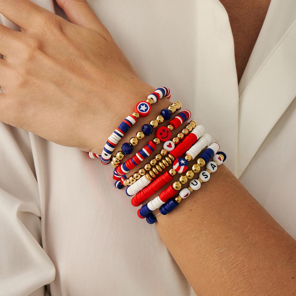 Independence Day Soft Pottery Beaded Letter Bracelet Set, Personalized Elastic Star Flag Contrasting Color Jewelry