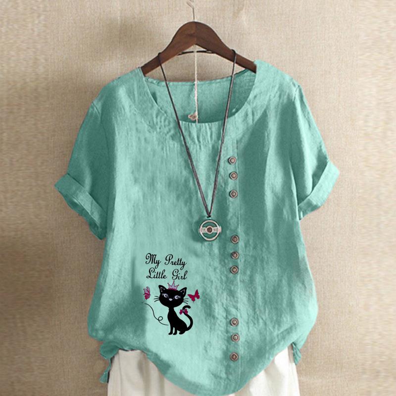 Dame Mote Svart Katt Trykket Kort Ermet T-skjorte Løs Bomullsskjorte Casual Løs Sommerbluse Topper Pluss Størrelse