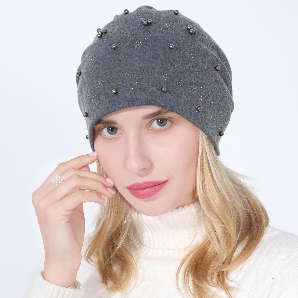 Women's Autumn Winter Double Layer Cotton Hot Diamond Binding Bead Pullover Versatile Warm Hat KTY
