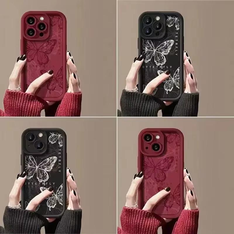 Retro Red Butterfly Silicone Couple Phone Case For iPhone 17 Air 16 E 15 14 13 12 11 Pro Max Plus Mini SE 2020 2022 Back Cover