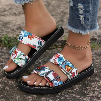 2024 Nouvelles Pantoufles d'Été Couleur Unie Polyvalentes pour Femmes Imprimées Bout Ouvert Chaussures pour Femmes Bout Rond Semelle Plate Décoration Boucle