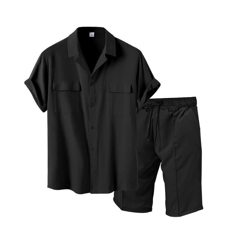 Men's Summer Solid Color Set Youth Lapel Shirt + Shorts Casual Two Piece Set