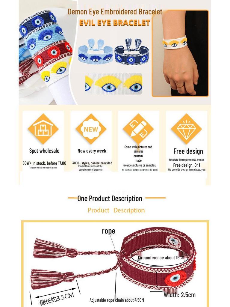 Bohemian Handmade Demon Eye Tassel Bracelet - Embroidered Friendship Fashion Accessory
