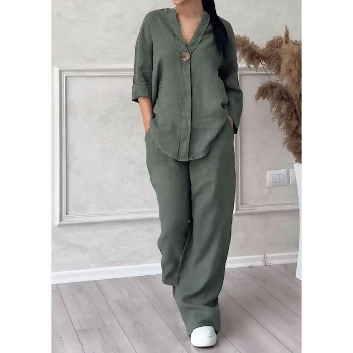 Women's Plus Size Cotton Linen Summer Shirt & Long Pants Two-Piece Set