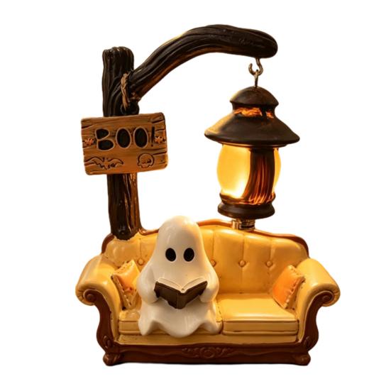 Vintage Style Home Office Ornament Halloween Ghost Reading Book Lamp, Cute Figurine Night Light with Book, Creative Indoor Seasonal Display