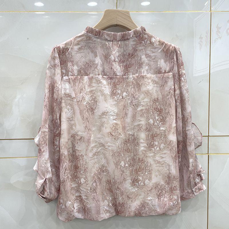 Spring Floral Chiffon Shirt Women Loose Fit Fashion Slimming Printed Lace Collar Blouse