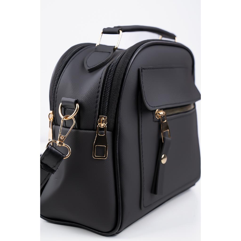 Damen-Hand- und Umhängetasche aus schwarzem Lacost-Leder mit 3 Fächern und verstellbarem Riemen