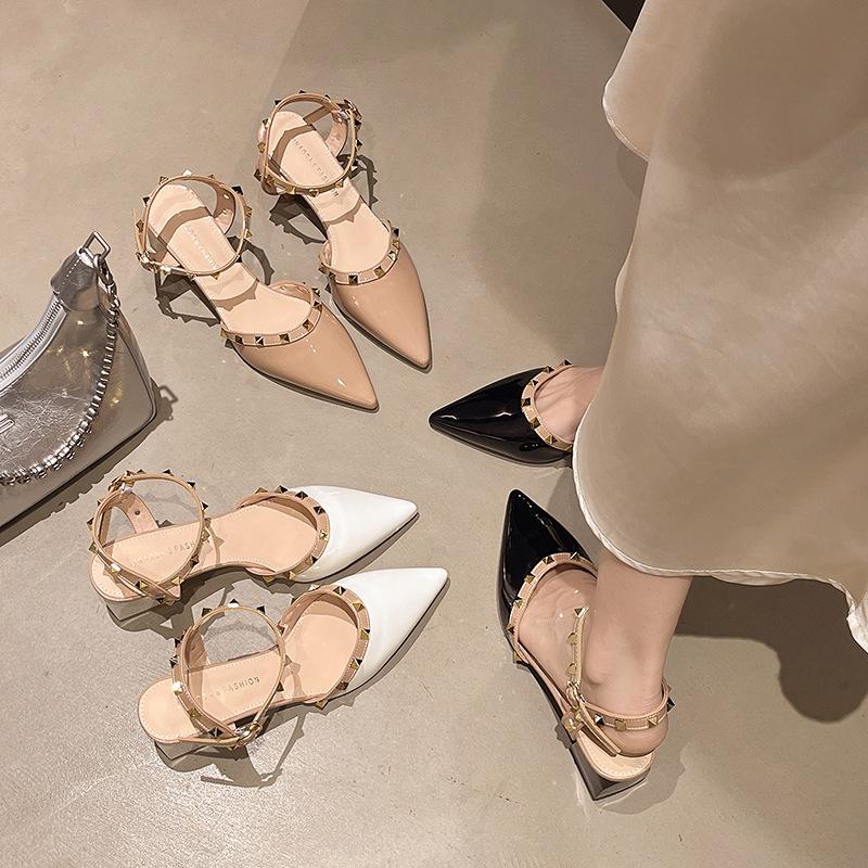 Rivet high heels hollow middle heel comfortable single shoes pointed tip one-word buckle willow bag head sandals fairy style thick heel