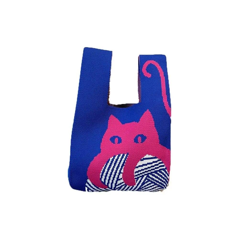 Fashion Handmade Cat Knit Handbag Casual Color Tote Bag Student Reusable Shopping Bags Women Mini Knot Wrist Bag