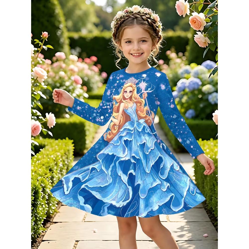 Girls' 3D Galaxy Princess Dress Long Sleeve Summer Spring Vacation Daily Holiday Princess Beautiful Sweet Kids 4-12 Years Casual Dress A Line Dress