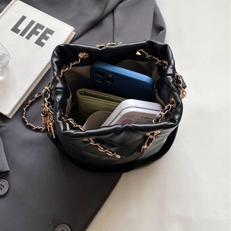 Rhombus Drawstring Through Leather Gold Chain Mini Bucket Bag