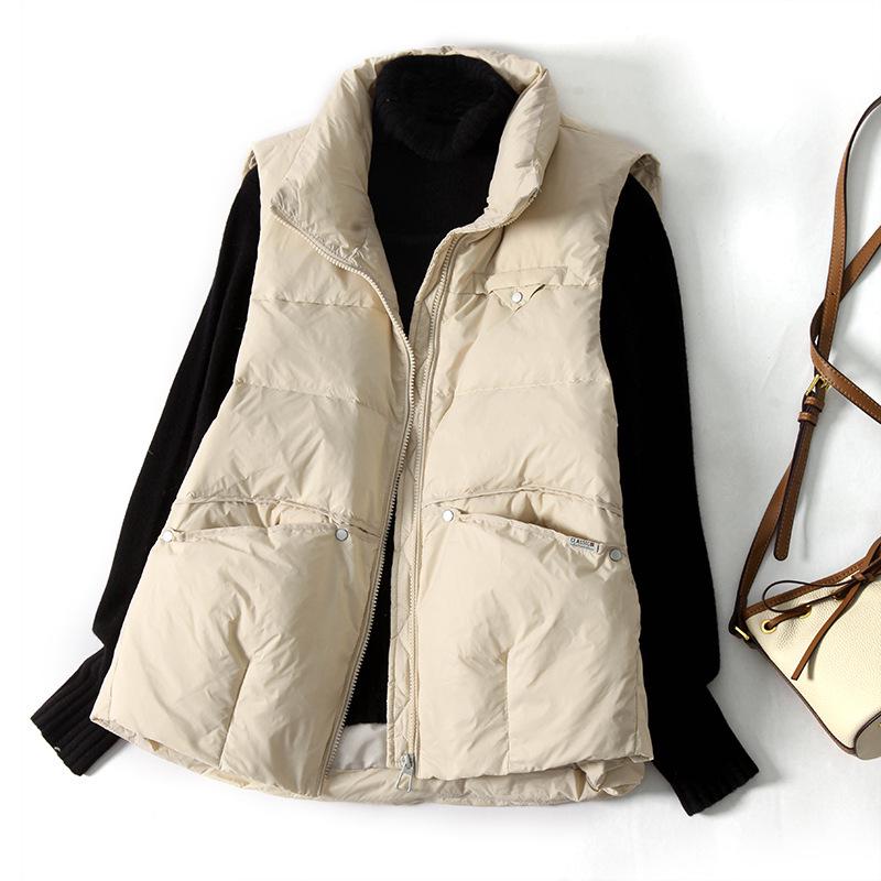 Women's Lightweight Stand Collar Down Vest with Rivet Pockets - Short, Warm, White Duck Down for Autumn/Winter 2023