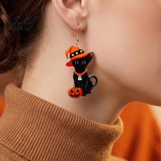 Halloween Earrings for Women 1 Pair Black Cat Acrylic Women Cute Whimsical Fall Theme Ear Hooks with Wizard Hat And Pumpkin Dangle Jewelry