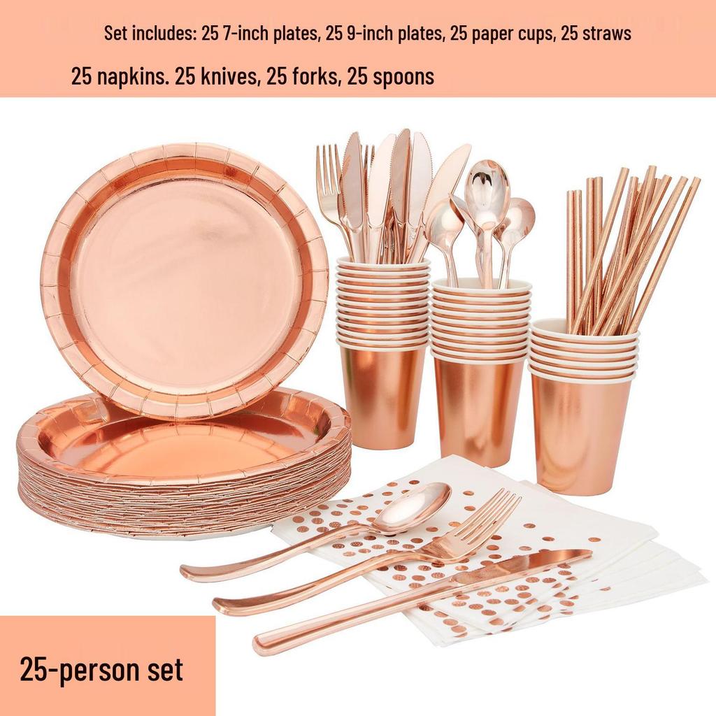 Gold Party Tableware Set: Rose Gold Plates, Cups, Straws, and Cake Dishes