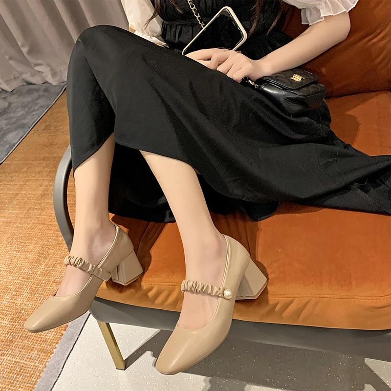 Fashion Mary Jane Shoes Women's 2024 New Spring Autumn Winter Shoes Thick Heel High Heels Square Head Fairy Style Korean Versatile Flats