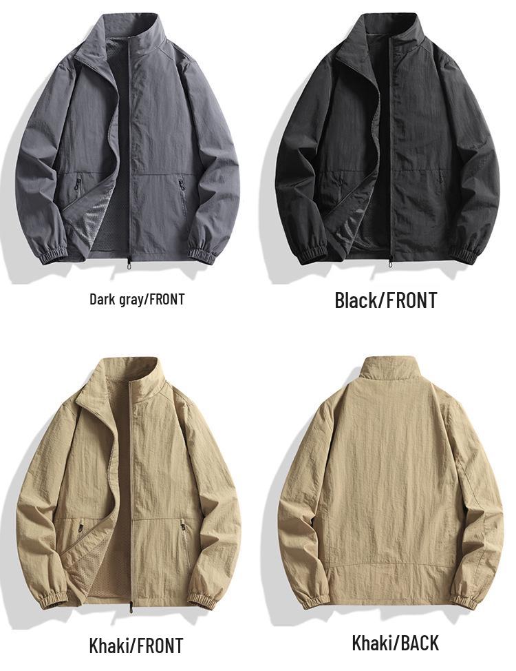Men's Plus Size Stand-Up Collar Jacket - Casual Solid Color Coat for Spring/Autumn