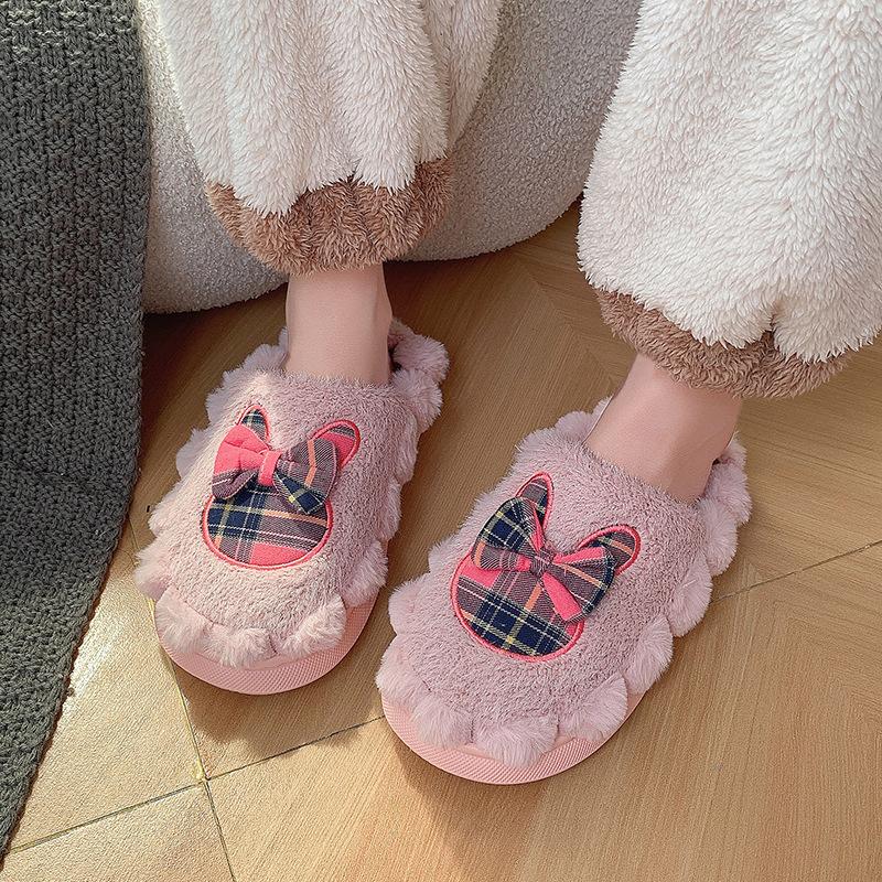 2025 new autumn and winter plush bow cotton slippers women's plush thickened non-slip warm can be worn outside women's cotton mop