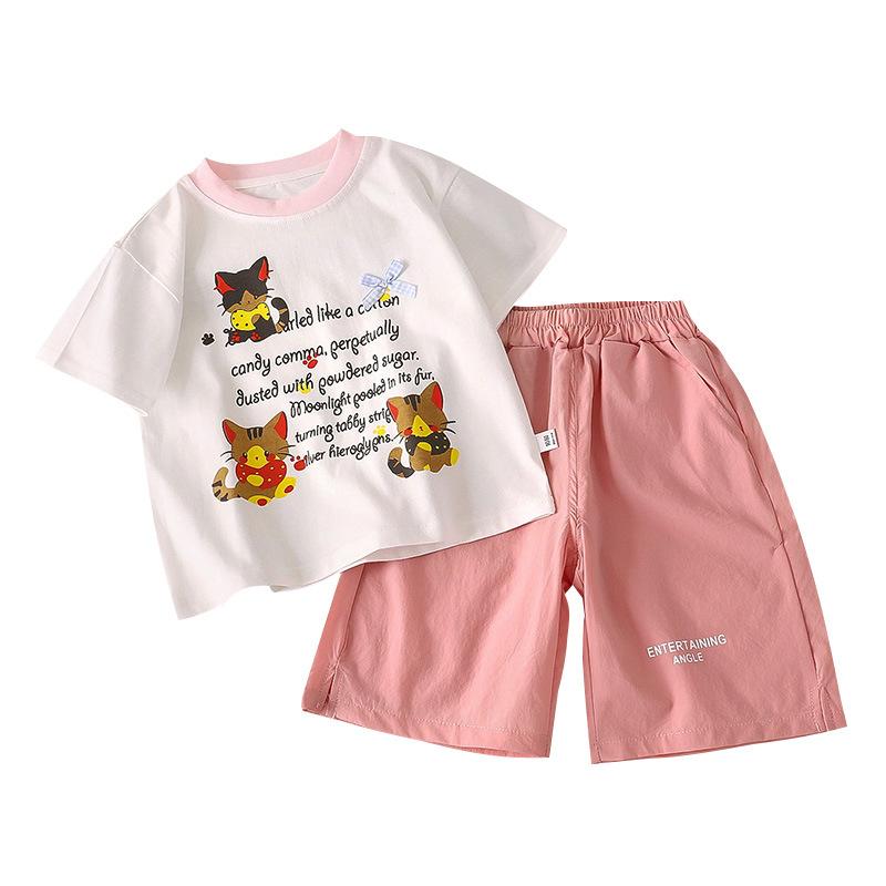 Girls Summer Fashion Cartoon Letter Print Loose Short Sleeve T Shirt Set Baby Casual Two Piece Outfit Kids Clothing