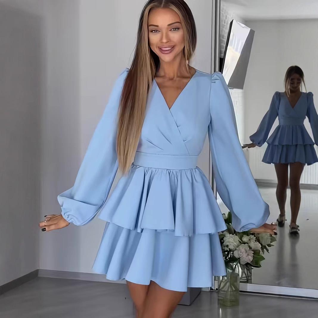 

Элегантное женское платье-рубашка с V-образным вырезом, шнуровкой на талии и длинными рукавами S небесно-голубой