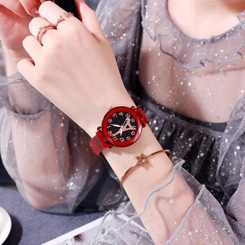 Fashion Digital Starry Sky Watches Women Mesh Band Quartz Wristwatches Ladies Magnet Watches Gift
