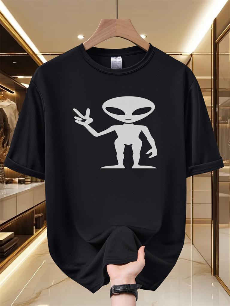 Unisexs Peace Gesture Alien Silhouette Print T Shirt Summer Quick Dry Breathable Short Sleeve Tee UFO Space Streetwear Graphic Tps