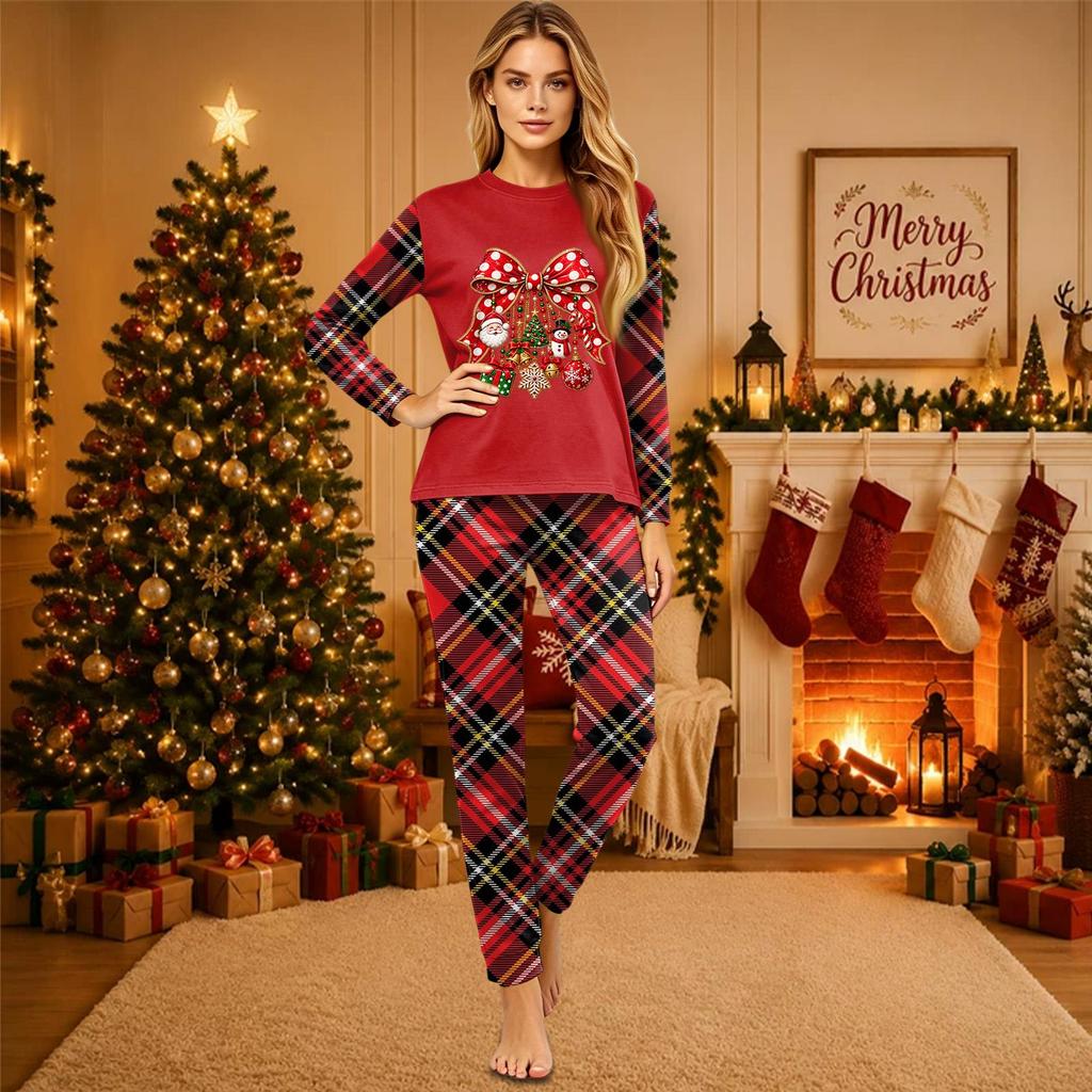 Christmas-print long-sleeve and long-pant matching family loungewear set