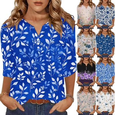 Γυναικεία Μοντέρνα Casual Ρετρό Φλοράλ Τυπωτό V-Neck Κουμπιά Τρία Τέταρτα Μανίκι Μπλουζάκι Τοπ