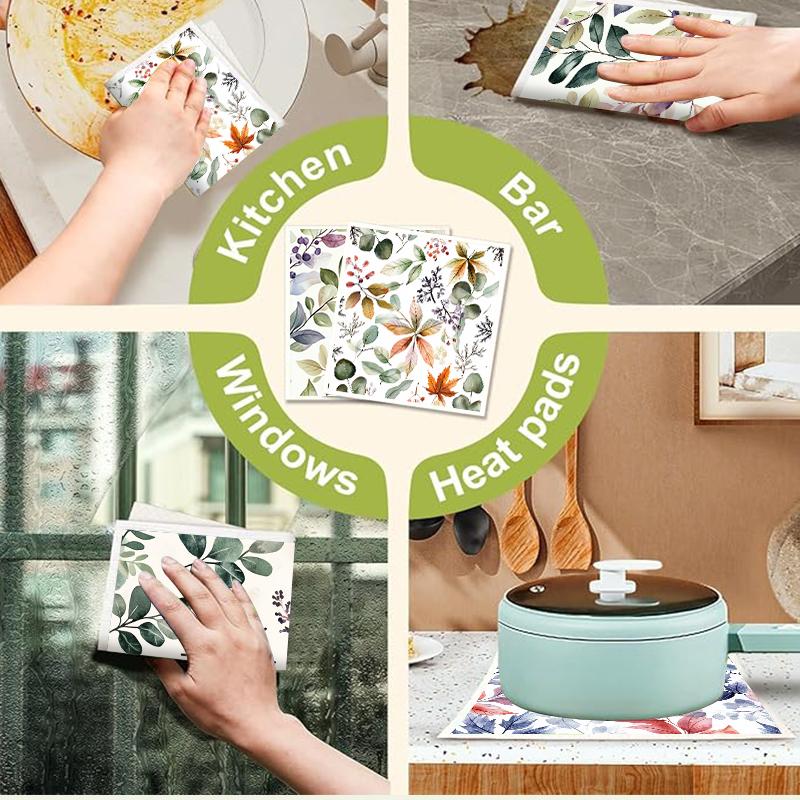 6PCS Leaves Flowers Print Swedish Dishcloths Eco-Friendly Kitchen Rags Absorbent Dish Towels Reusable Washable Cleaning Cloths
