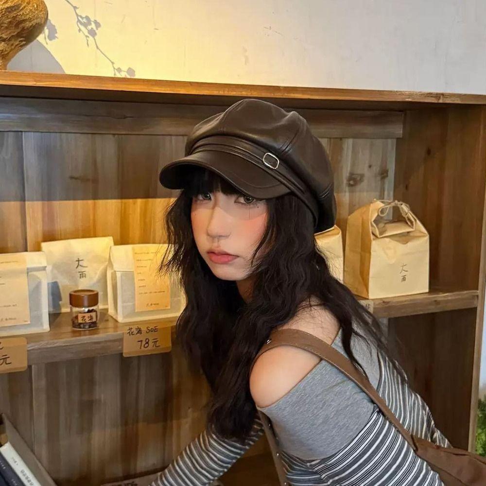 Solid Color Leather Painter Hat Versatile Octagonal hat Casual PU Beret Cap  Autumn Winter
